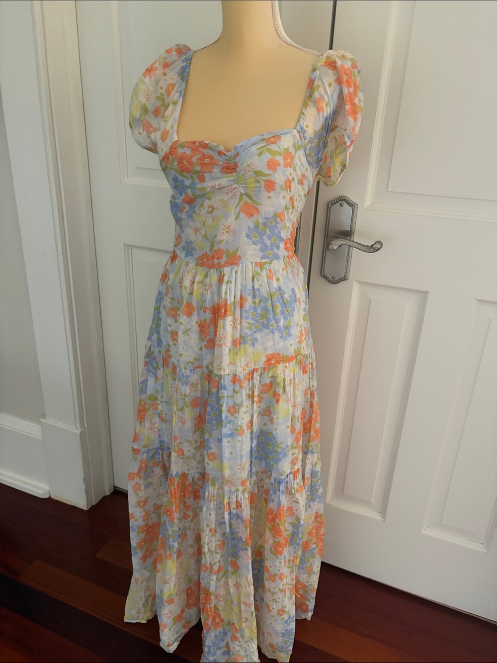Free People Floral Puff-Sleeve Maxi Dress in Blue, Orange & Yellow